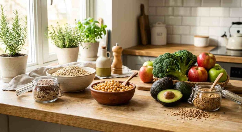Oats chickpeas avocado broccoli apples and flaxseeds as high fiber foods for constipation