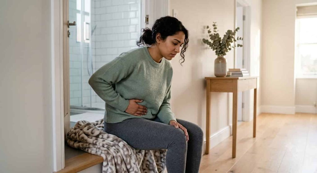 Woman experiencing early bladder infection symptoms at home.