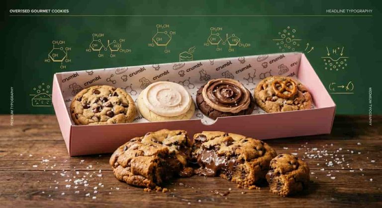 Giant CrumblCookies displayed in a pink box showing the science behind their soft and gooey texture
