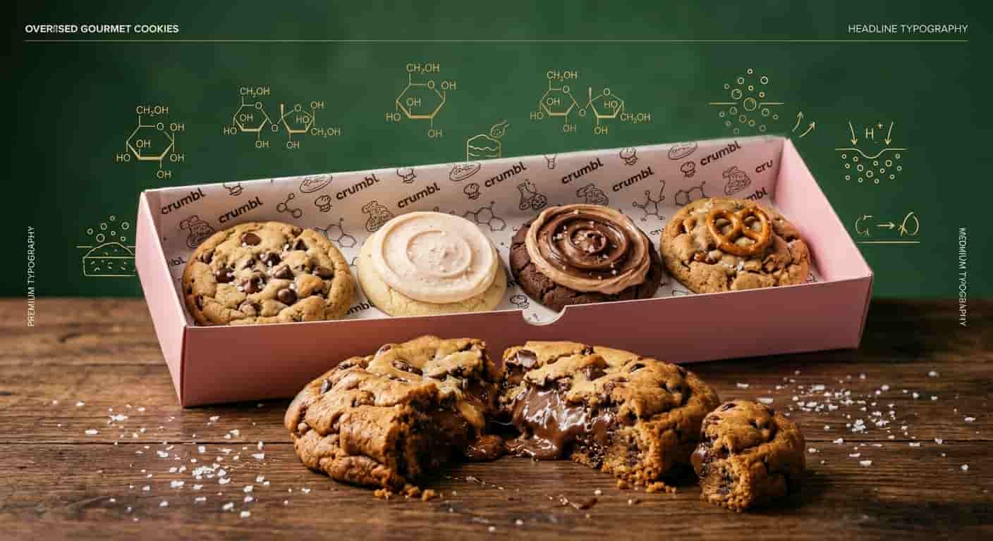 Giant CrumblCookies displayed in a pink box showing the science behind their soft and gooey texture