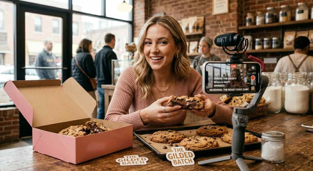 Food influencer reviewing CrumblCookies for social media content