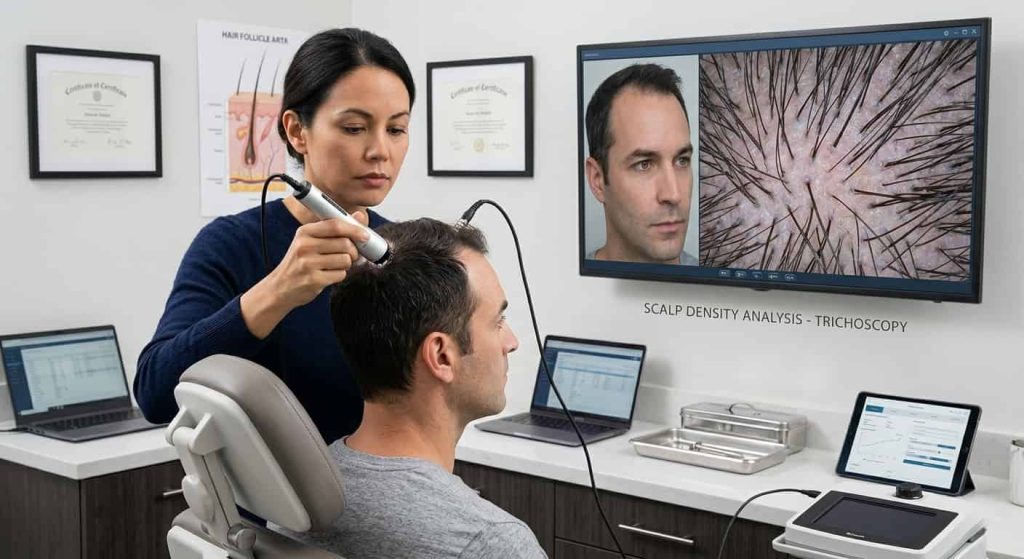 Dermatologist examining scalp density with digital trichoscopy for hair loss diagnosis.