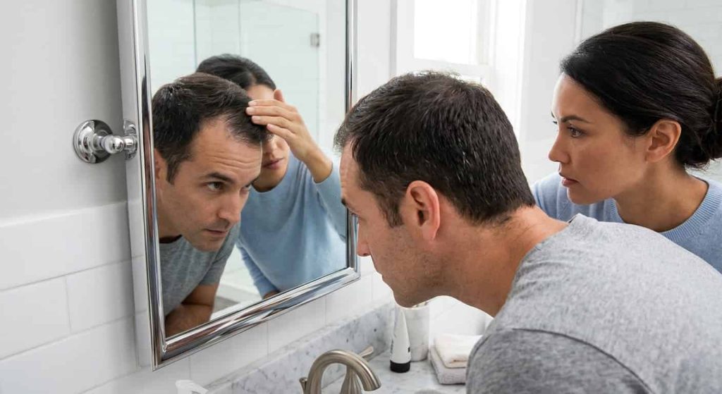 Man and woman checking early signs of hair loss and scalp thinning in a bathroom mirror.