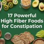 High fiber foods for constipation including oats, prunes, pears, broccoli, chickpeas, and chia seeds on a healthy table setting