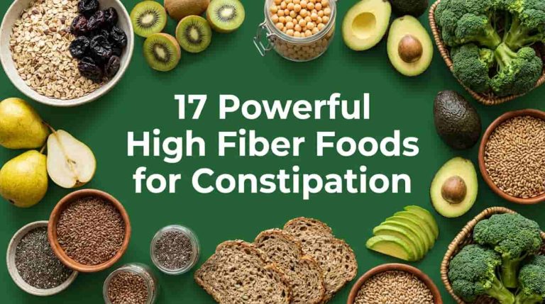 High fiber foods for constipation including oats, prunes, pears, broccoli, chickpeas, and chia seeds on a healthy table setting