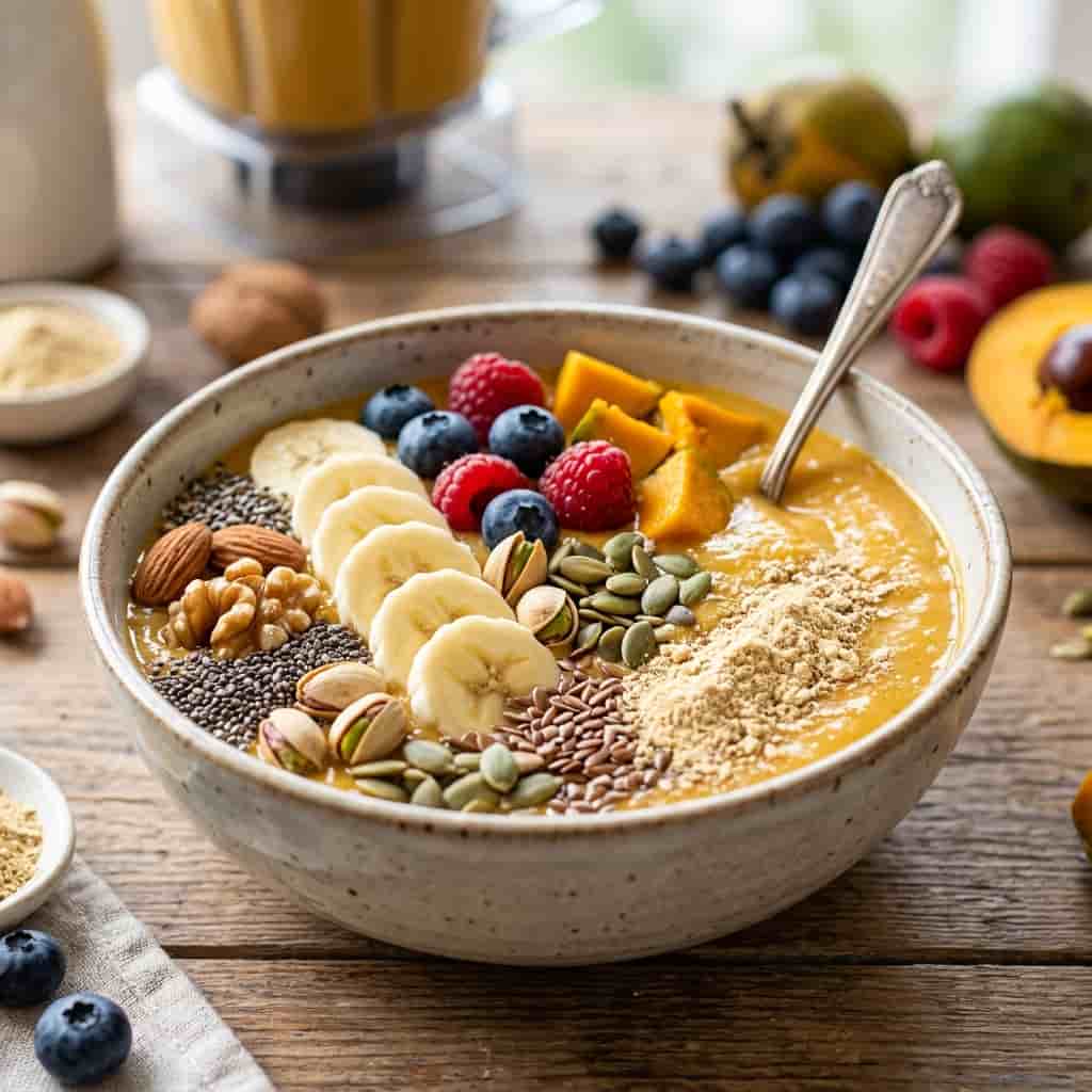 Smoothie bowl topped with lucuma powder, fruit, nuts, and seeds