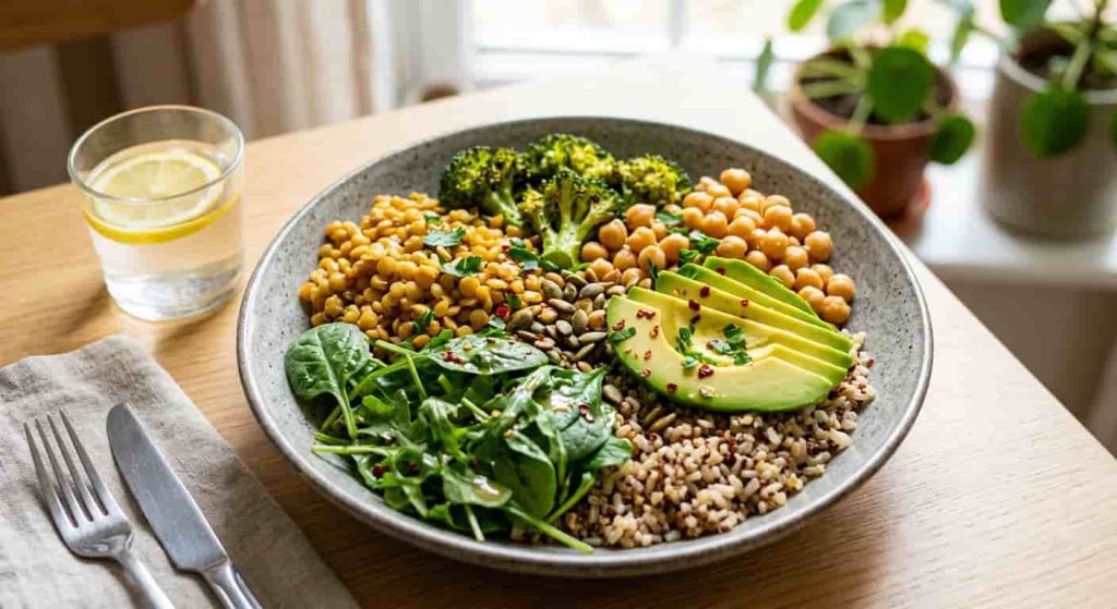 Lentil chickpea bowl with broccoli avocado and whole grains for constipation relief