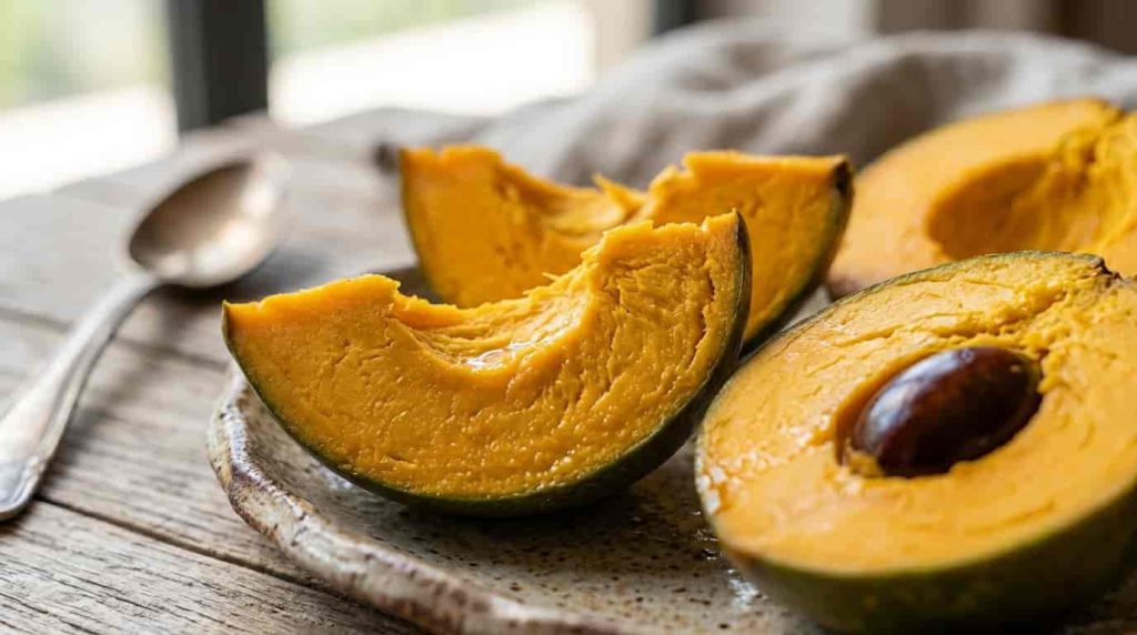 Close-up of lucuma fruit showing golden-orange flesh rich in carotenoids