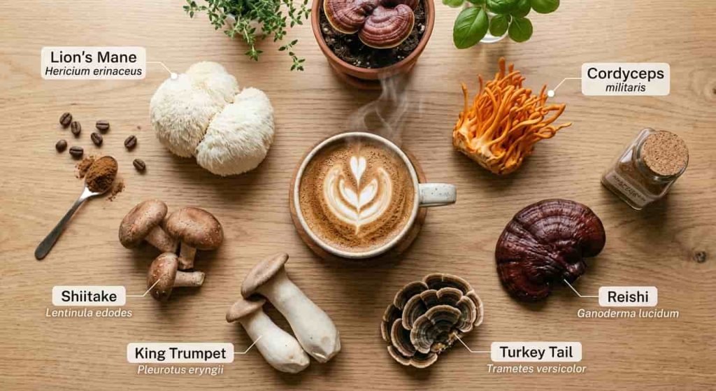 Six functional mushrooms used in RYZE Superfoods mushroom coffee displayed around a coffee cup.