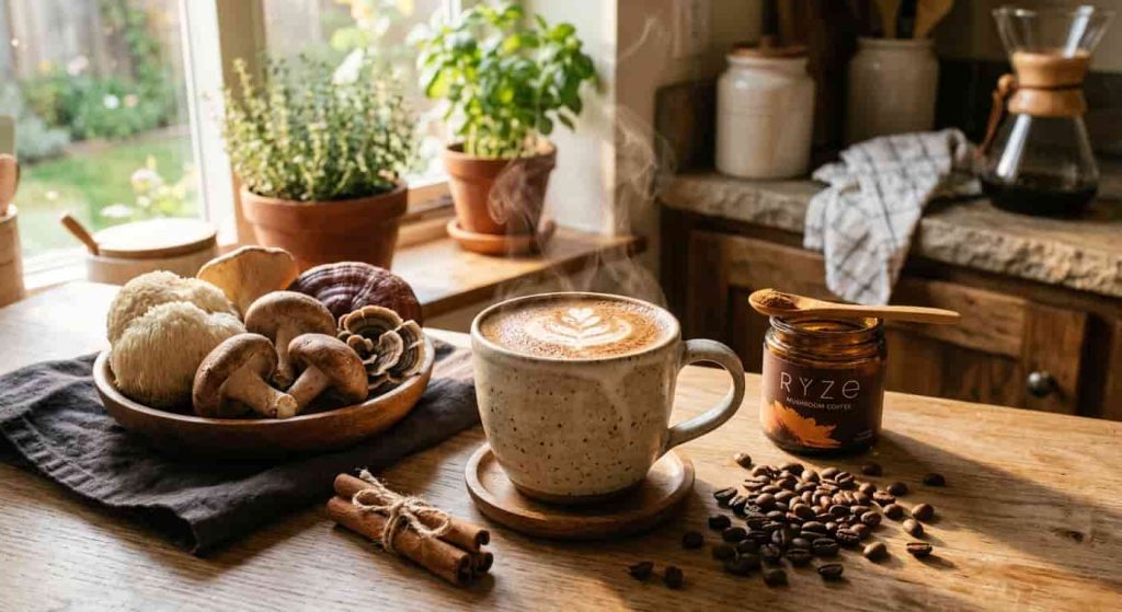 Steaming mug of RYZE Superfoods mushroom coffee with functional mushrooms and coffee beans on a cozy kitchen countertop.