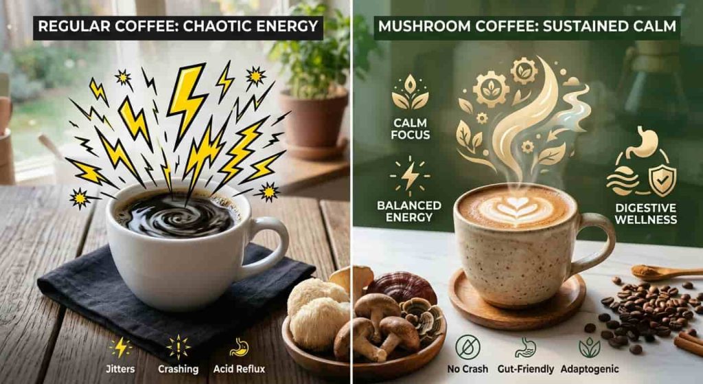 Comparison between regular coffee and RYZE Superfoods mushroom coffee showing balanced energy and digestive support.