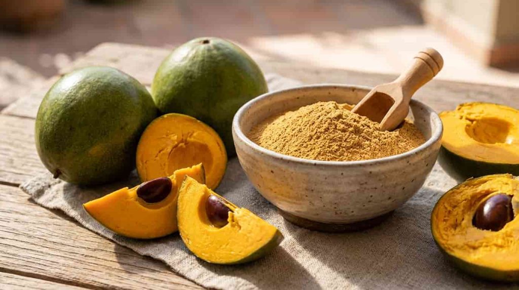 Whole and sliced lucuma fruit with lucuma powder on a rustic wooden table