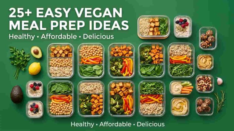 Colorful vegan meal prep containers filled with tofu, chickpeas, quinoa, rice, roasted vegetables, overnight oats, hummus, and healthy snacks.