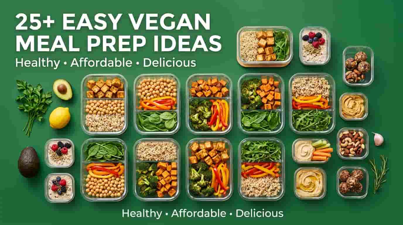 Colorful vegan meal prep containers filled with tofu, chickpeas, quinoa, rice, roasted vegetables, overnight oats, hummus, and healthy snacks.
