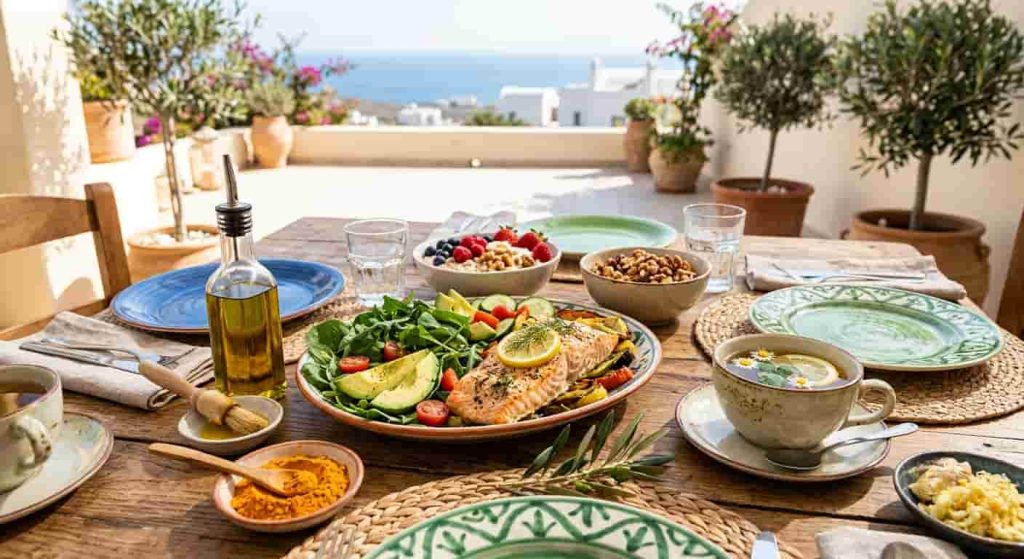Mediterranean table with anti inflammatory foods including salmon, berries, walnuts, and olive oil.