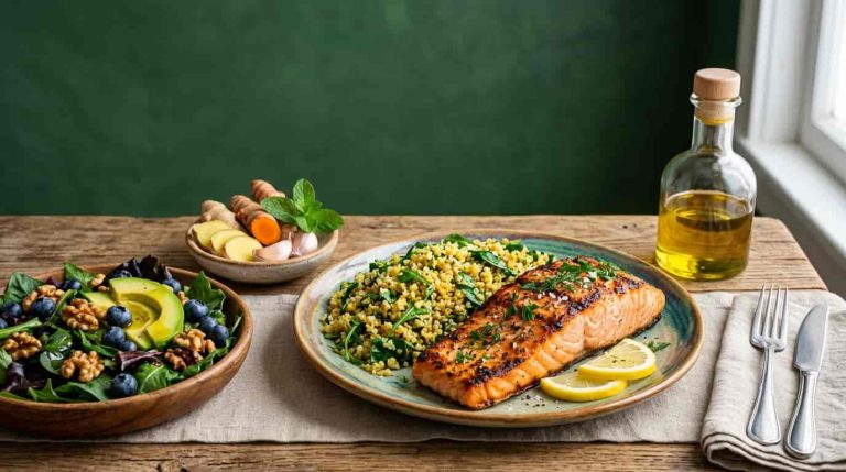 Healthy anti inflammatory diet featuring salmon, olive oil, berries, leafy greens, and whole foods.