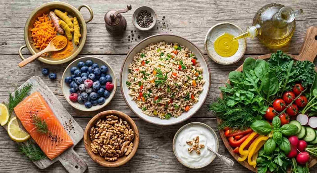 Flat lay of anti inflammatory foods including turmeric, olive oil, salmon, berries, and leafy greens.