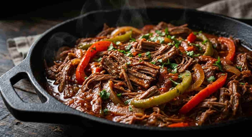 Authentic Cuban ropa vieja with tender shredded beef, tomato sauce, red peppers, green peppers, garlic, and fresh cilantro.