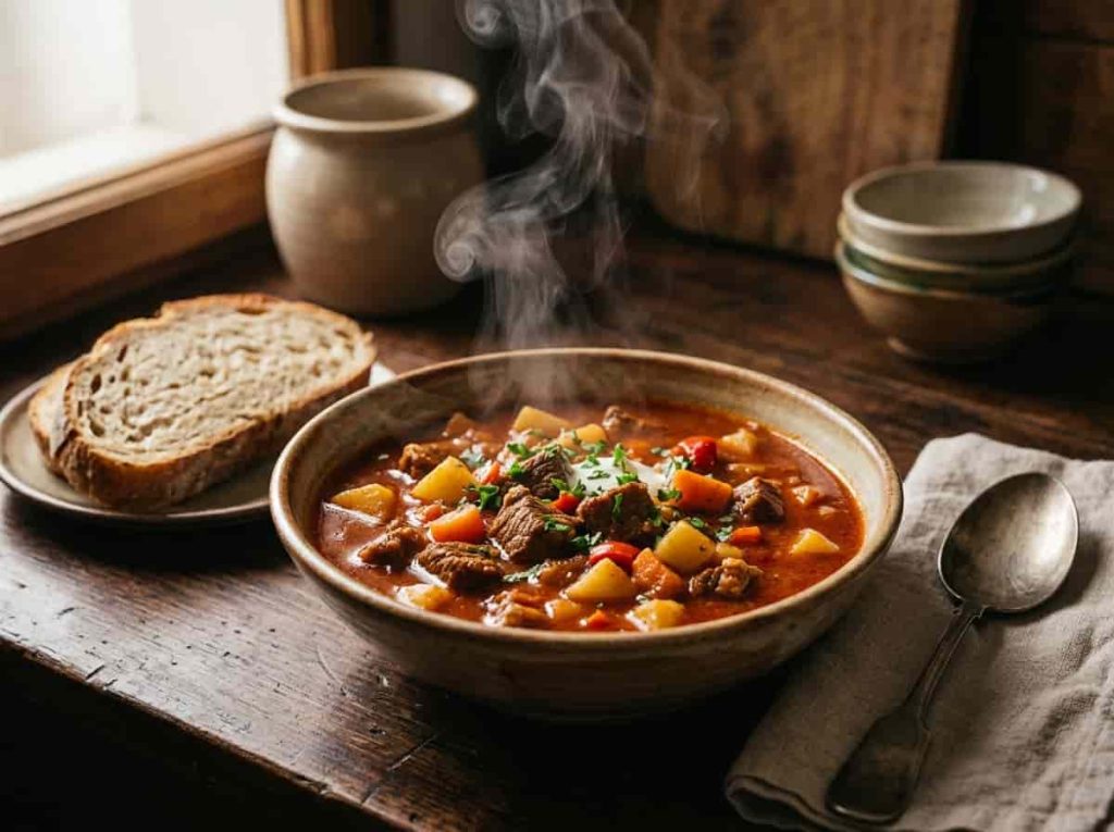 Authentic Hungarian goulash with beef, potatoes, carrots, and paprika broth