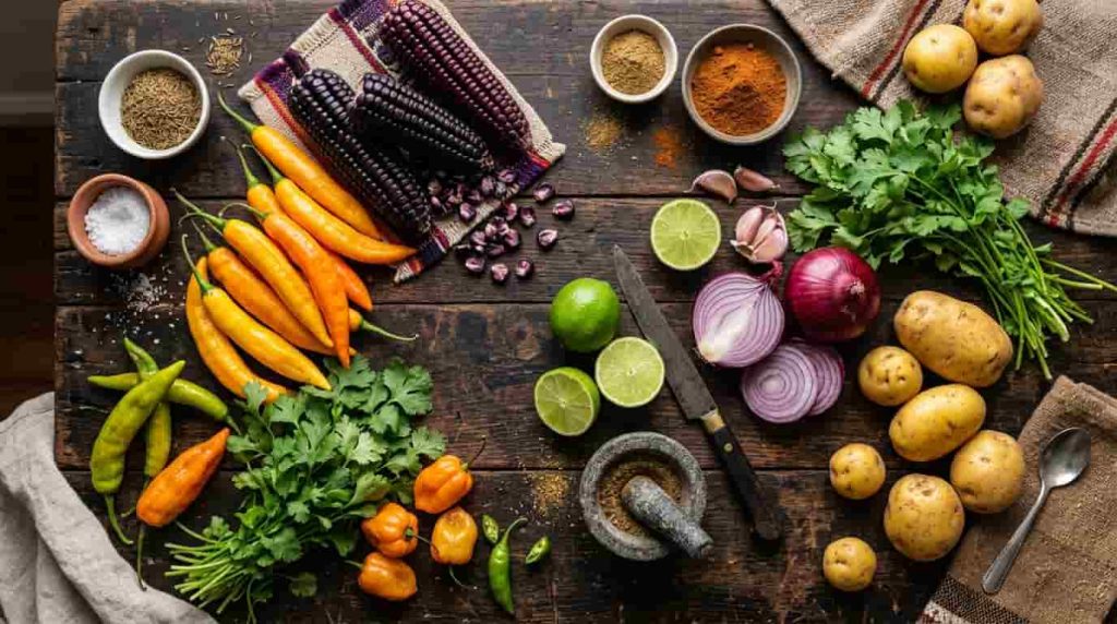 Colorful authentic Peruvian pantry staples including aji amarillo peppers, purple corn, and limes