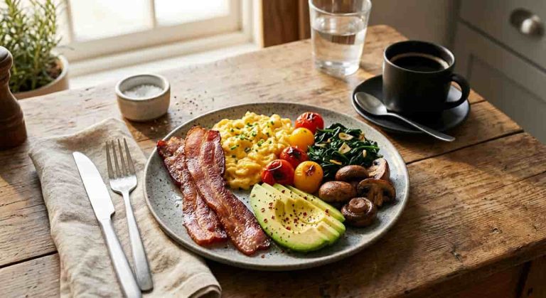 Balanced Bacon Diet breakfast with bacon, eggs, avocado, and vegetables