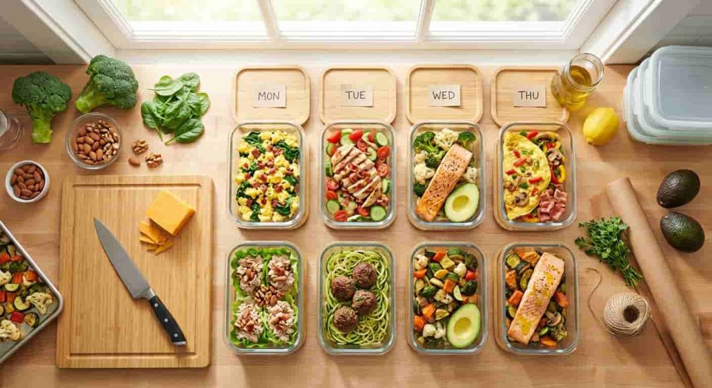 Balanced Bacon Diet meal plan with low-carb foods and vegetables