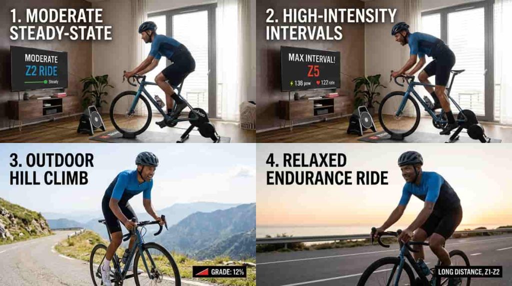 Steady cycling, high-intensity intervals, hill climbing, and endurance riding