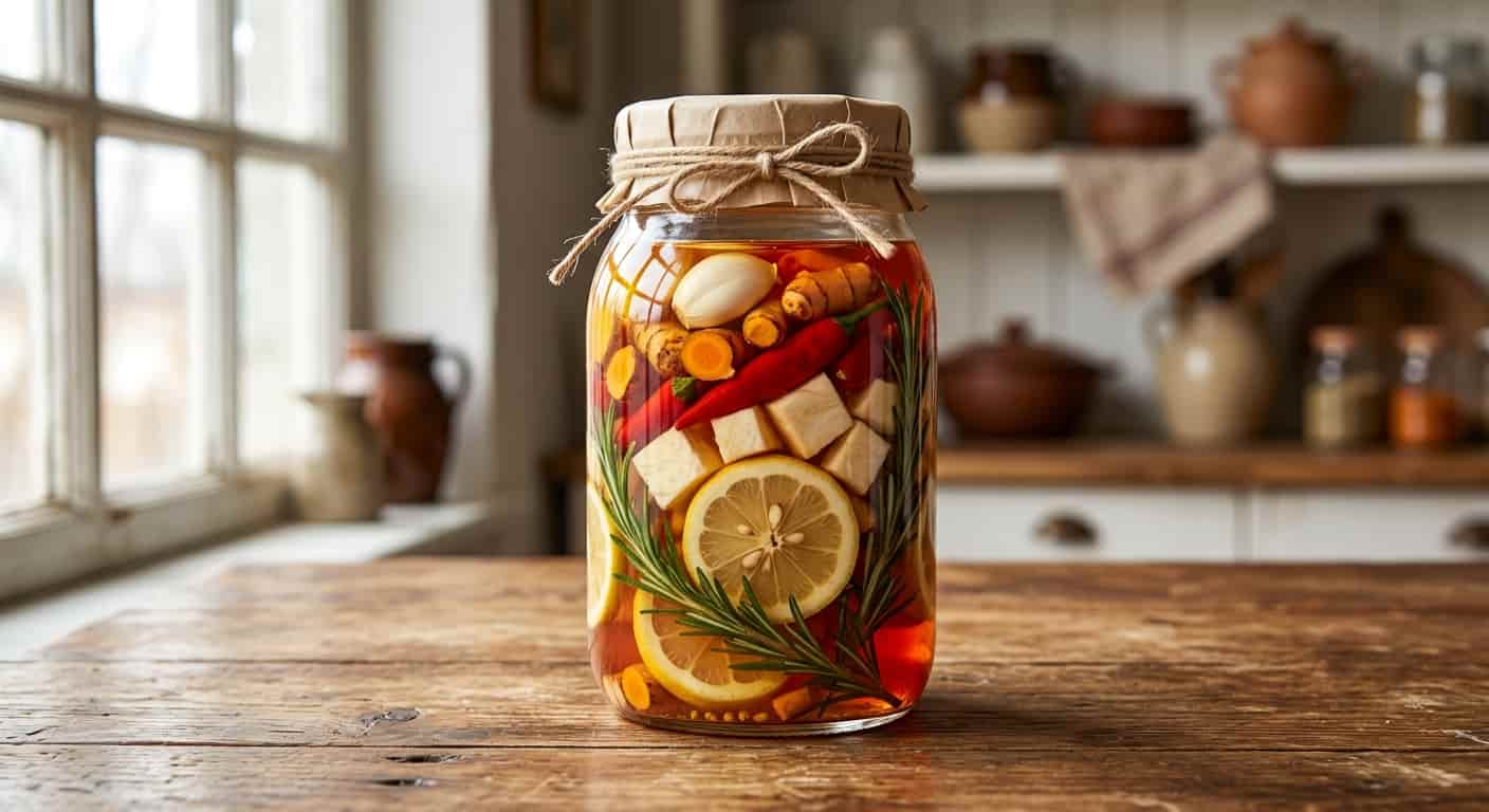A glass jar of homemade fire cider with garlic, ginger, turmeric, chili peppers, horseradish, lemon, and rosemary
