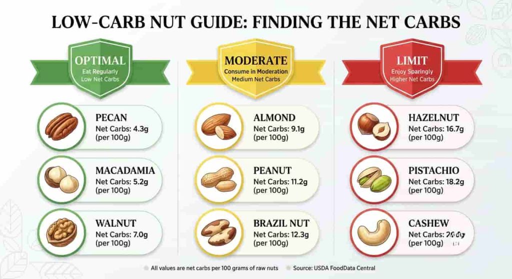 Complete nut comparison matrix rating the best keto nuts with color coded green, yellow, and red carb categories.
