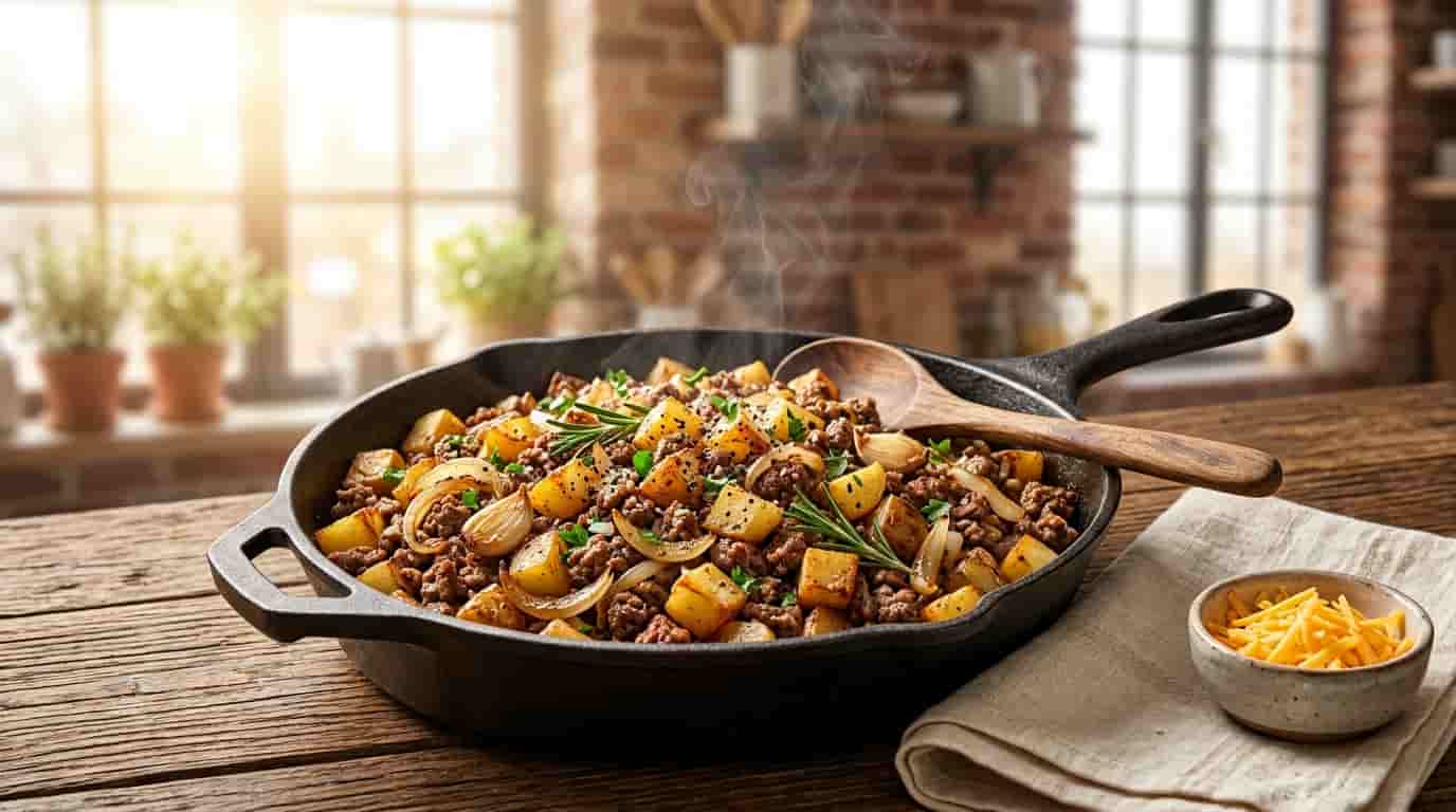 Best recipes ground beef and potatoes served in a cast-iron skillet with crispy potatoes, juicy seasoned beef, and fresh herbs.