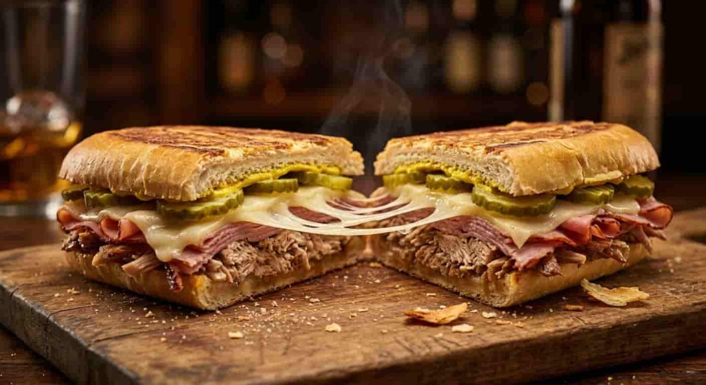 Classic Cuban sandwich with mojo roast pork, sliced ham, melted Swiss cheese, dill pickles, mustard, and pressed Cuban bread.
