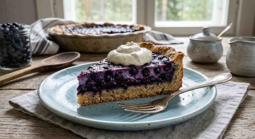 A slice of creamy Finnish blueberry pie on a ceramic plate, representing sweet easy finnish recipes at home.