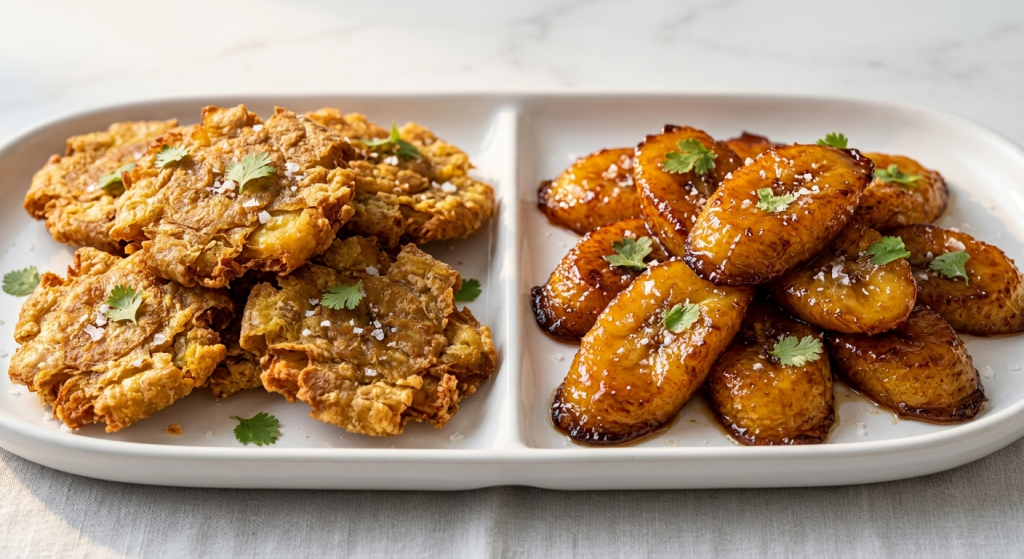 Crispy Cuban tostones made from green plantains beside sweet caramelized maduros made from ripe plantains.