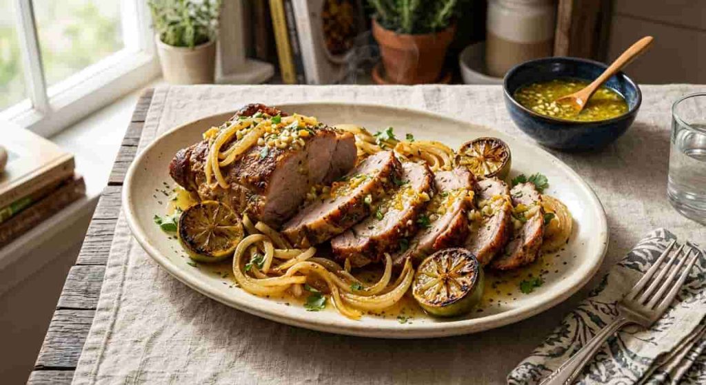 Cuban mojo pork marinated with sour orange juice, garlic, cumin, oregano, olive oil, caramelized onions, and roasted lime.