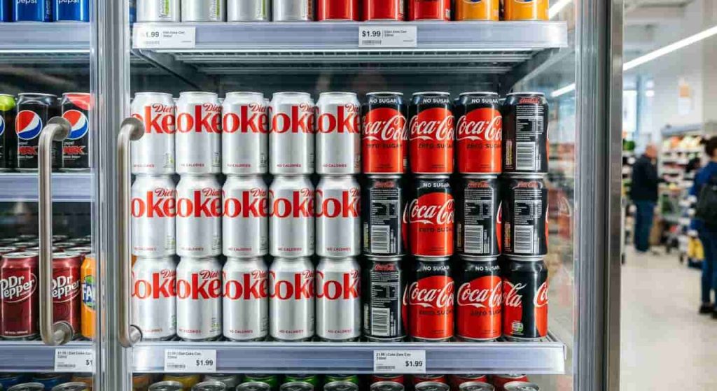 Diet Coke and Coca-Cola Zero cans side by side in a grocery store refrigerator