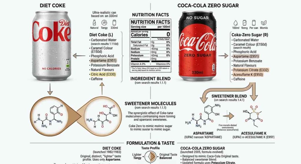 Comparison of Diet Coke and Coca-Cola Zero ingredients and nutrition facts