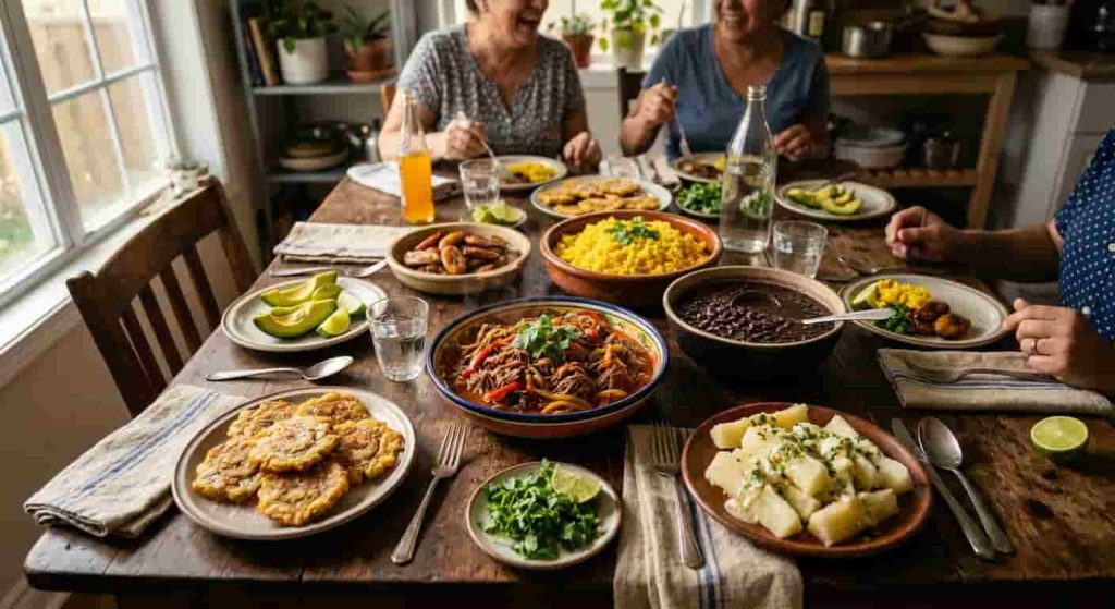 Easy Cuban recipes at home with ropa vieja, yellow rice, black beans, tostones, maduros, yuca, avocado, and fresh lime.