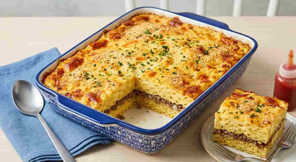 Golden baked Finnish macaroni casserole sliced in a dish, showcasing easy finnish recipes at home.