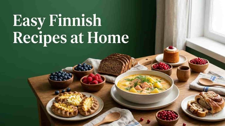 Easy Finnish recipes at home featuring salmon soup, rye bread, Karelian pies, and Nordic desserts