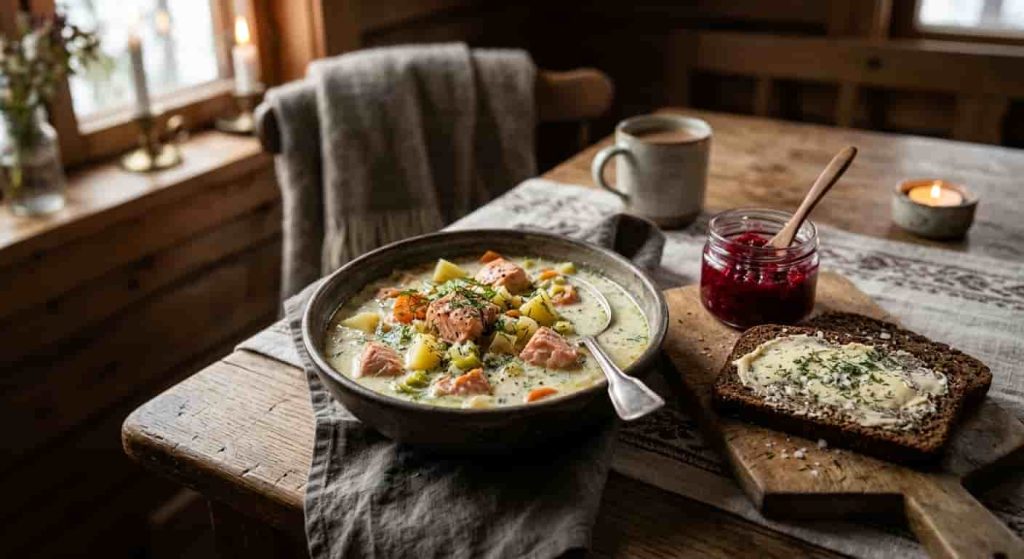 A bowl of creamy Finnish salmon soup with dill and rye bread, an easy finnish recipe to make at home.