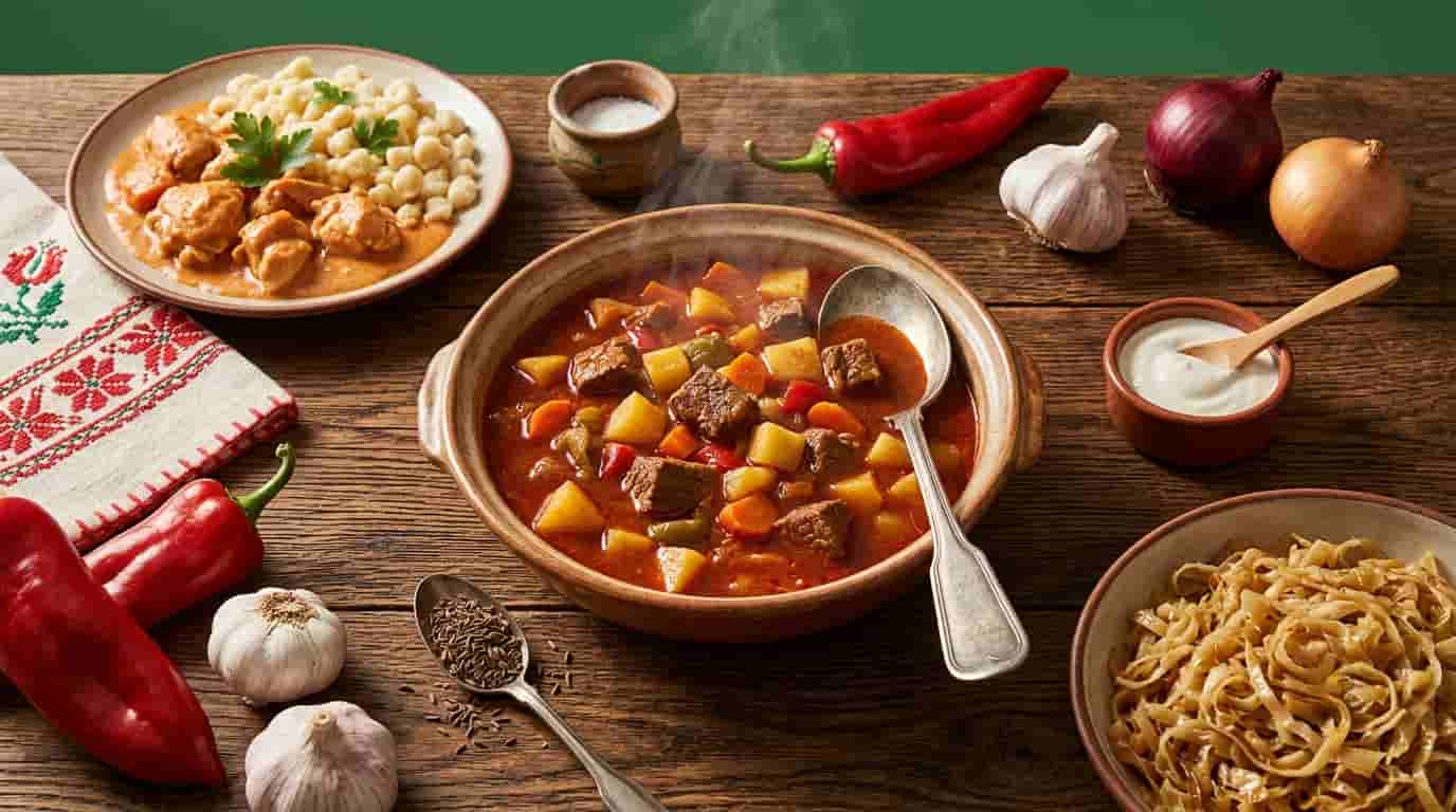 Easy Hungarian recipes at home including goulash, chicken paprikash, nokedli, and cabbage noodles
