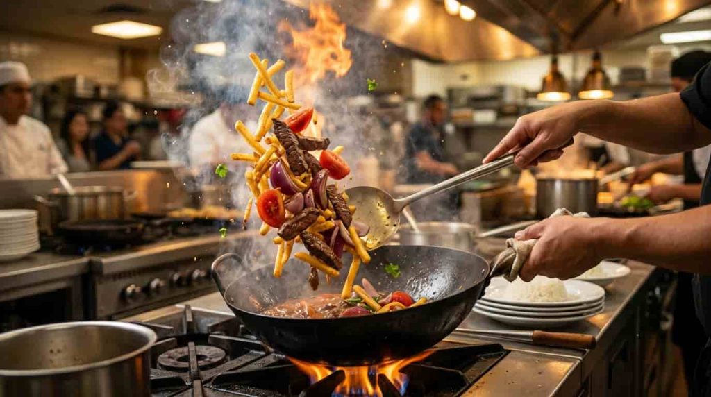 Sizzling Lomo Saltado beef stir-fry cooked in a wok with fresh tomatoes and crispy fries