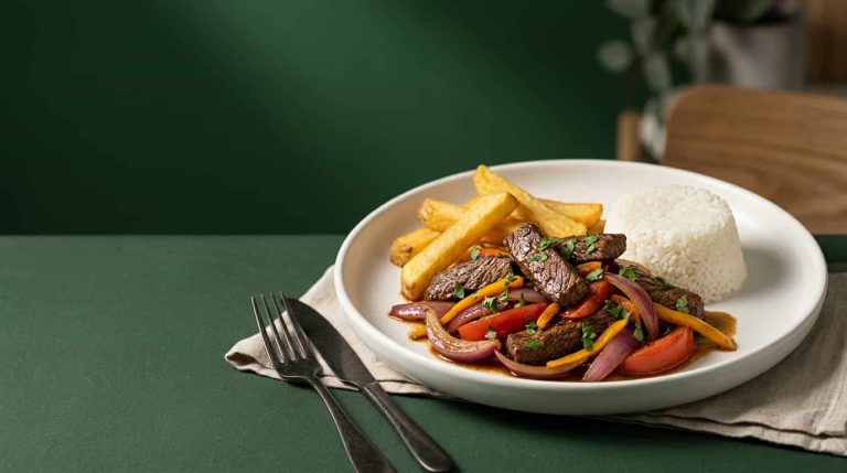 Easy authentic Peruvian recipes at home featuring Lomo Saltado on a deep green background