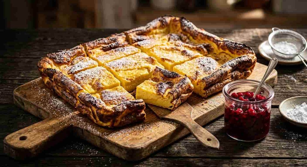 Sliced Finnish oven pancake served with lingonberry jam, perfect for easy finnish breakfast recipes at home.