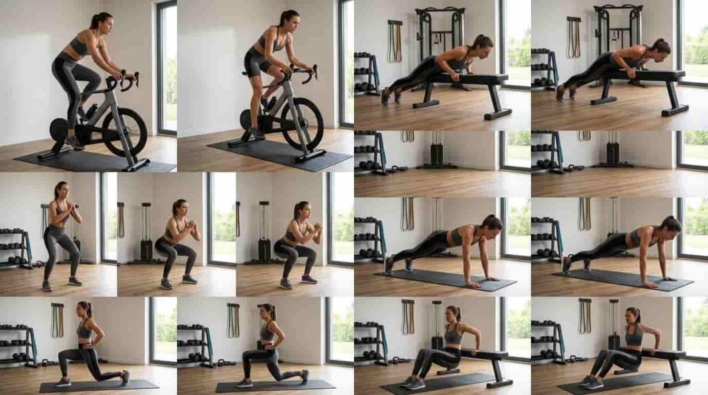 Adult performing cycling intervals, push-ups, squats, lunges, and core exercises