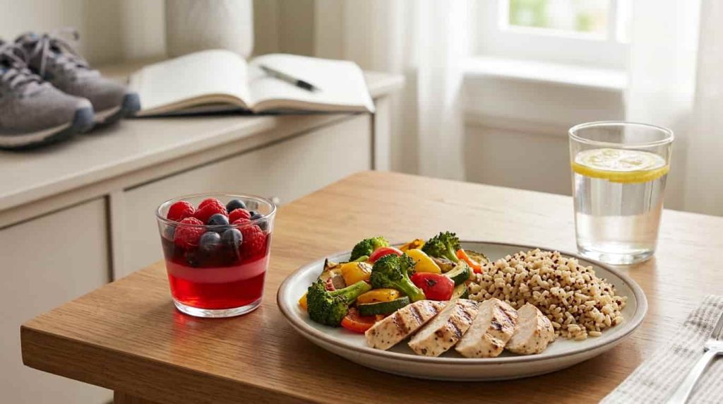 Berry gelatin beside a balanced meal with protein and vegetables