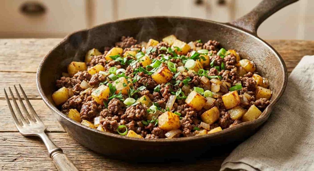 Ground beef and potatoes cooking together in a cast-iron skillet.