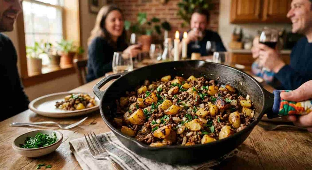 Ground beef and potatoes cooking together in a cast-iron skillet.