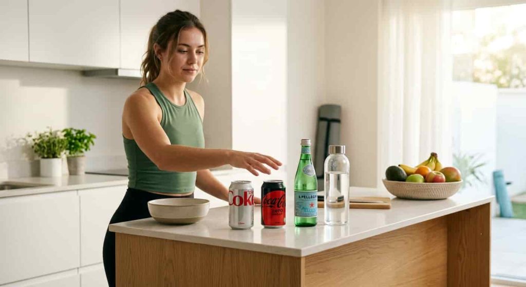 Person choosing between Diet Coke, Coca-Cola Zero, and healthier drink options
