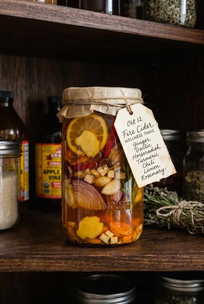 A sealed mason jar of homemade fire cider infusing with ginger, garlic, herbs, peppers, and roots in apple cider vinegar